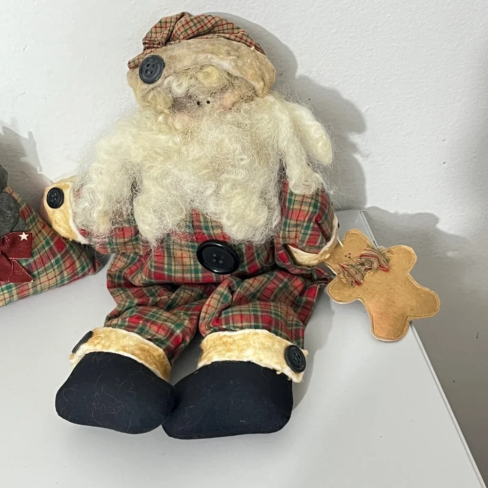 Vintage Santa Doll & Pillow Set Unisex OS Red Green Plaid Primitive Folk Art